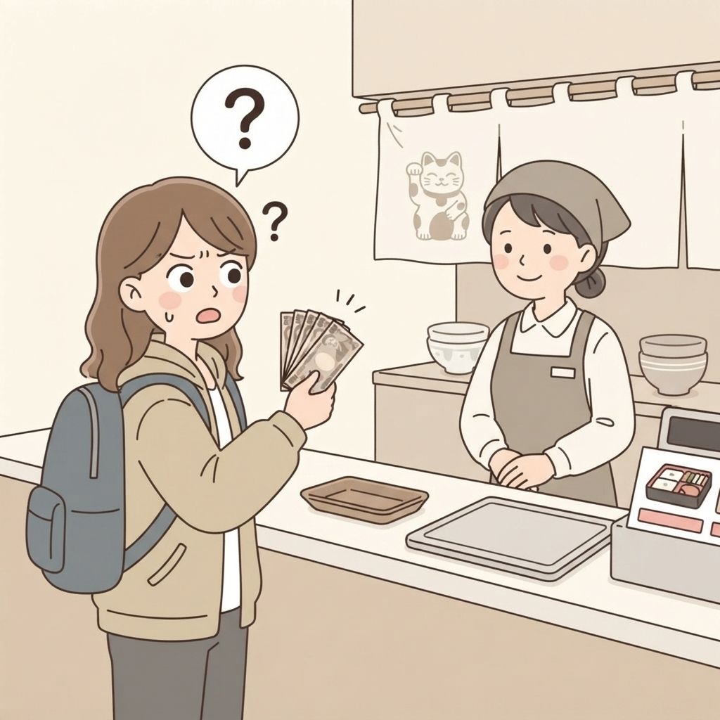 นักท่องเที่ยวค้างอยู่ที่แคชเชียร์โดยถือธนบัตรไว้กลางอากาศ กวาดสายตาไปมาระหว่างถาดกับพนักงาน