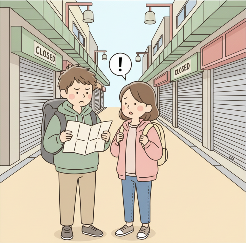 1월 1일 텅 빈 도쿄 쇼핑 거리에 배낭을 메고 종이 지도를 들고 선 두 명의 당황한 관광객, 셔터가 내려진 가게들 앞에서 짜증난 표정을 짓고 주변에 다른 행인이 없는 기묘한 낮의 고요함