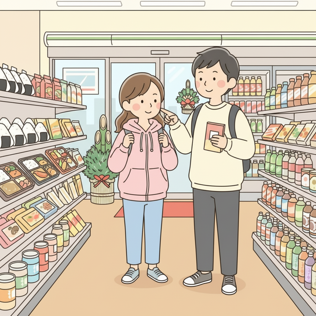 새해 첫날 환하게 불 켜진 일본 편의점에서 차분히 오니기리와 도시락을 고르는 미소 짓는 두 명의 관광객, 뒤로 24시간 영업 표지와 입구의 작은 가도마쓰 소나무 장식이 보이는 모습