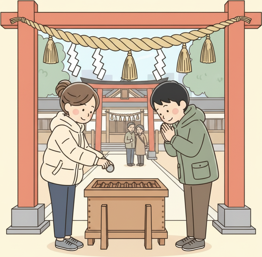 이른 아침 작은 동네 신사에서 겨울 코트를 입고 한 명은 동전을 사이센바코에 던지고 다른 한 명은 두 손을 모아 절하는 두 명의 공손한 관광객, 위로 시메나와와 시데가 보이고 주변에 조용한 현지인 몇 명만 있는 모습