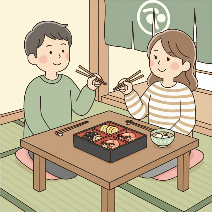 낮은 식당 테이블에 앉아 검은콩, 다테마키, 새우 같은 상징적인 음식이 담긴 칠기 오세치 요리 도시락과 오조니 모찌 국을 나누며 감탄하는 두 명의 기쁜 관광객, 젓가락을 들고 미소 짓는 모습