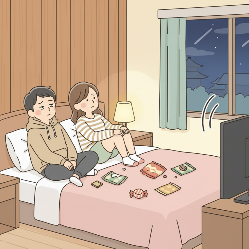 섣달 그믐날 자정 무렵 호텔 침대에 늘어져 앉아 TV의 일반 카운트다운 프로를 멍하니 보는 지루하고 피곤한 표정의 두 명의 관광객, 근처에서 사찰 종이 울리는 줄도 모르고 주변에 빈 과자 봉지가 흩어진 모습