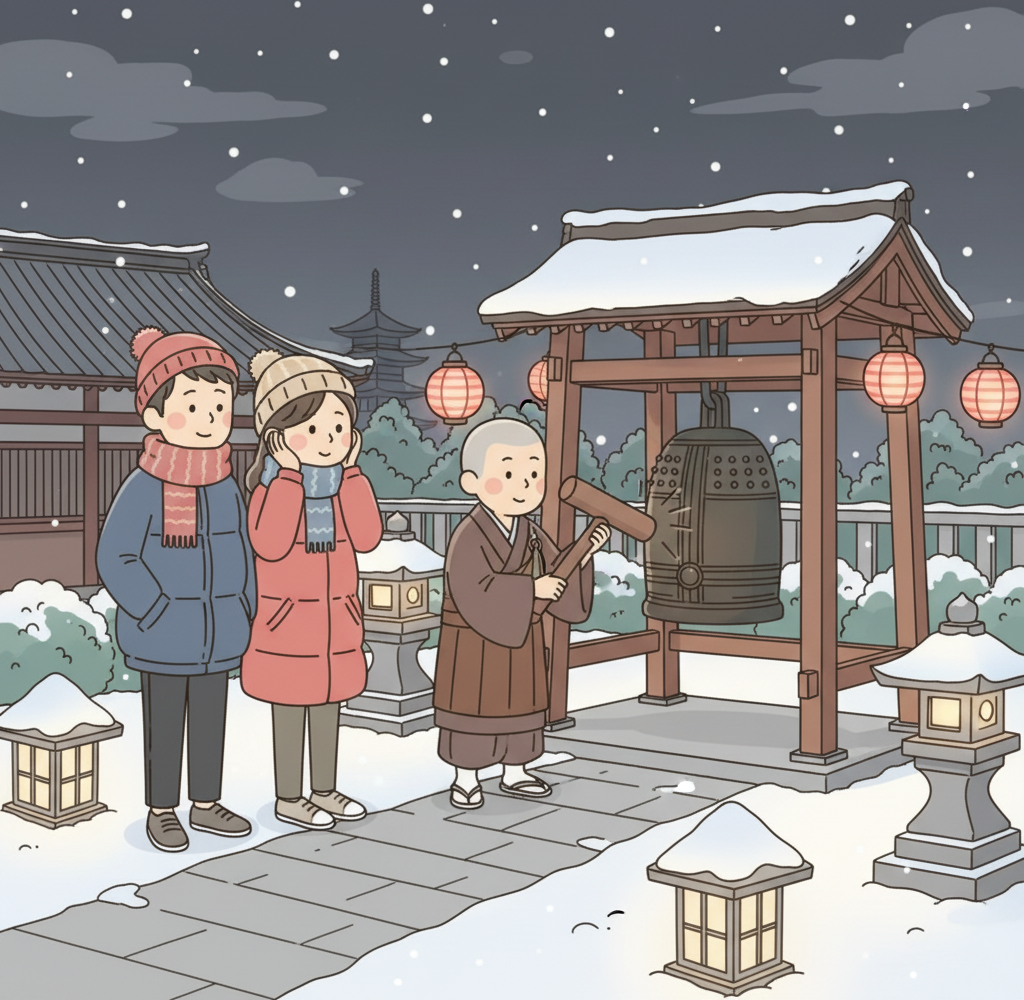 자정 무렵 눈 덮인 불교 사찰 경내에서 따뜻한 겨울 코트를 입고 차분히 서서 가사를 입은 스님이 큰 나무 막대로 거대한 청동 종을 치는 조야노가네를 지켜보는 두 명의 관광객, 등불의 부드러운 빛 속에서 평온하고 공손한 표정