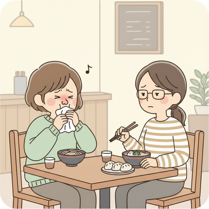 คนรับประทานอาหารสูดน้ำมูกเสียงดังด้วยจมูกย่นแดงดูอึดอัดระหว่างมื้ออาหาร ขณะที่อีกคนที่นั่งข้างๆ มีสีหน้ารำคาญเล็กน้อย