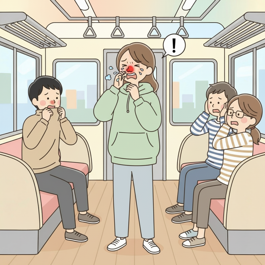 ผู้โดยสารบนรถไฟจามอย่างเปิดเผยโดยไม่สวมหน้ากาก มีอาการหวัดให้เห็นและจมูกแดง ขณะที่ผู้โดยสารคนอื่นเอนตัวหลีกออกห่าง