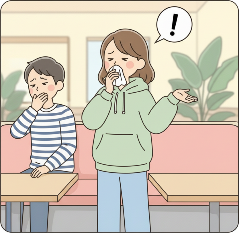 คนยักไหล่อย่างไม่ใส่ใจขณะสั่งน้ำมูกต่อหน้าคนอื่นในพื้นที่สาธารณะในร่มด้วยสีหน้าไม่แยแส ขณะที่เพื่อนที่อยู่ด้วยหันหน้าหนีอย่างอึดอัด