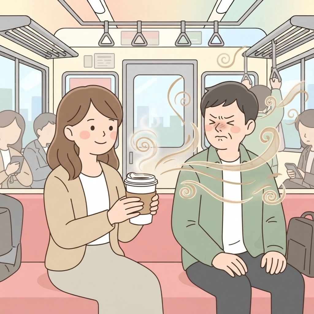ผู้โดยสารถือแก้วกระดาษกาแฟร้อนแบบไม่มีฝาในตู้รถไฟที่แออัด ไอร้อนลอยขึ้นและผู้โดยสารข้างๆ ย่นจมูก