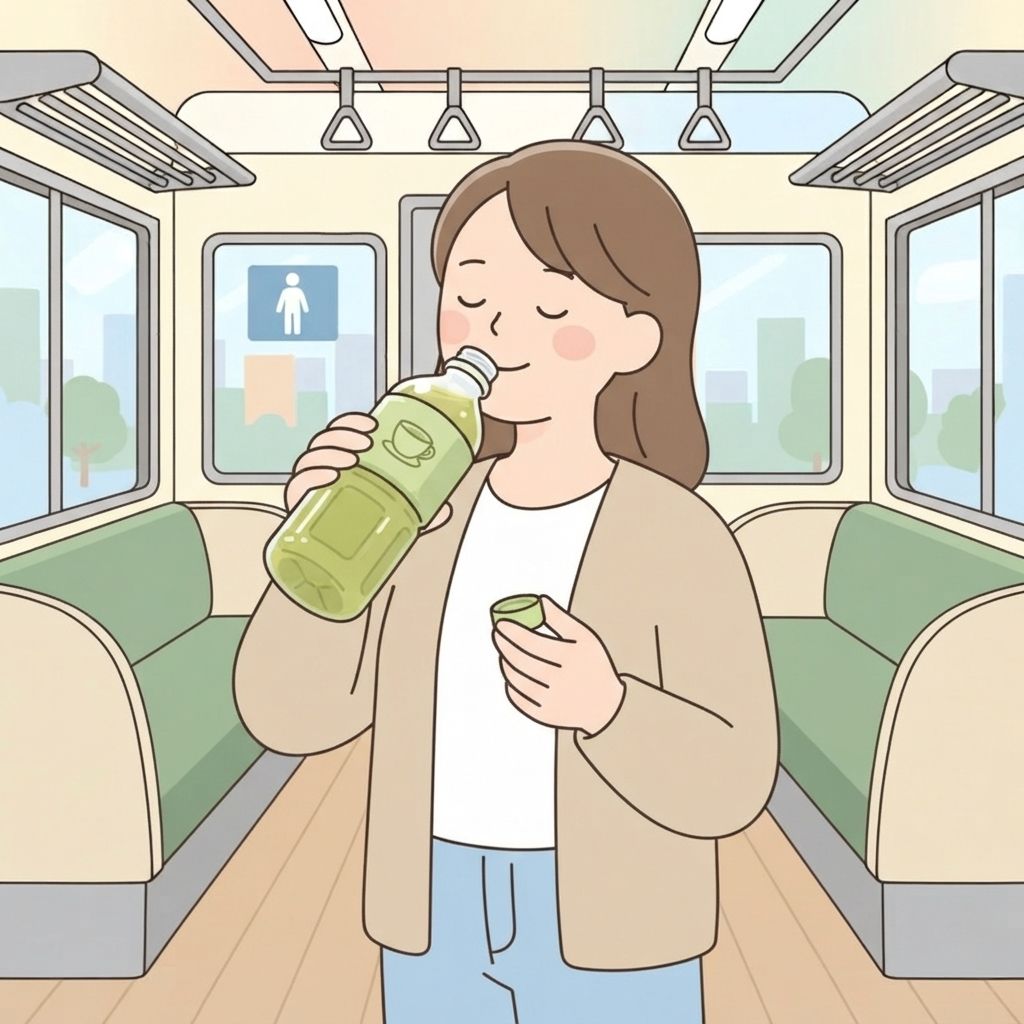 ผู้โดยสารที่ยืนอยู่ในตู้รถไฟจิบชาจากขวดพลาสติกแบบมีฝาอย่างเงียบๆ โดยถือฝาไว้ในมืออีกข้าง
