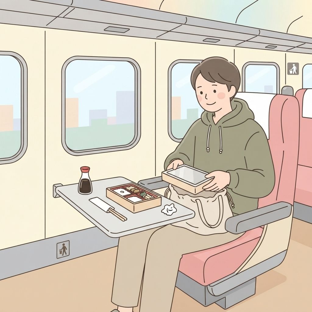นักเดินทางกินเบนโตะบนถาดชินคันเซ็นจนเรียบร้อยแล้วเก็บกล่องเปล่าใส่ถุงเพื่อนำลงจากรถไฟ