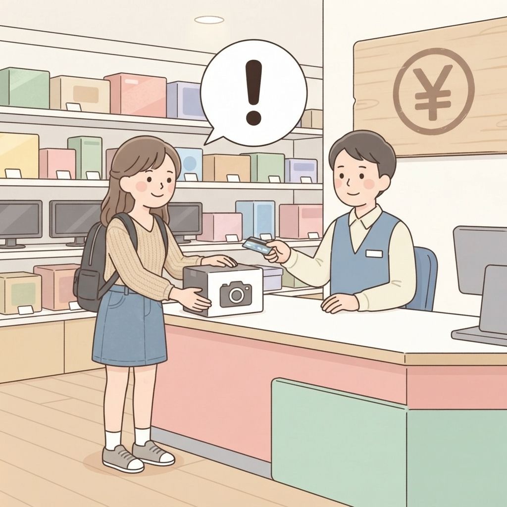 นักท่องเที่ยวในร้านเครื่องใช้ไฟฟ้าถือกล้องที่บรรจุกล่องไปยังแคชเชียร์ตรงๆ และจ่ายราคาเต็มตามป้ายโดยไม่พูดอะไร