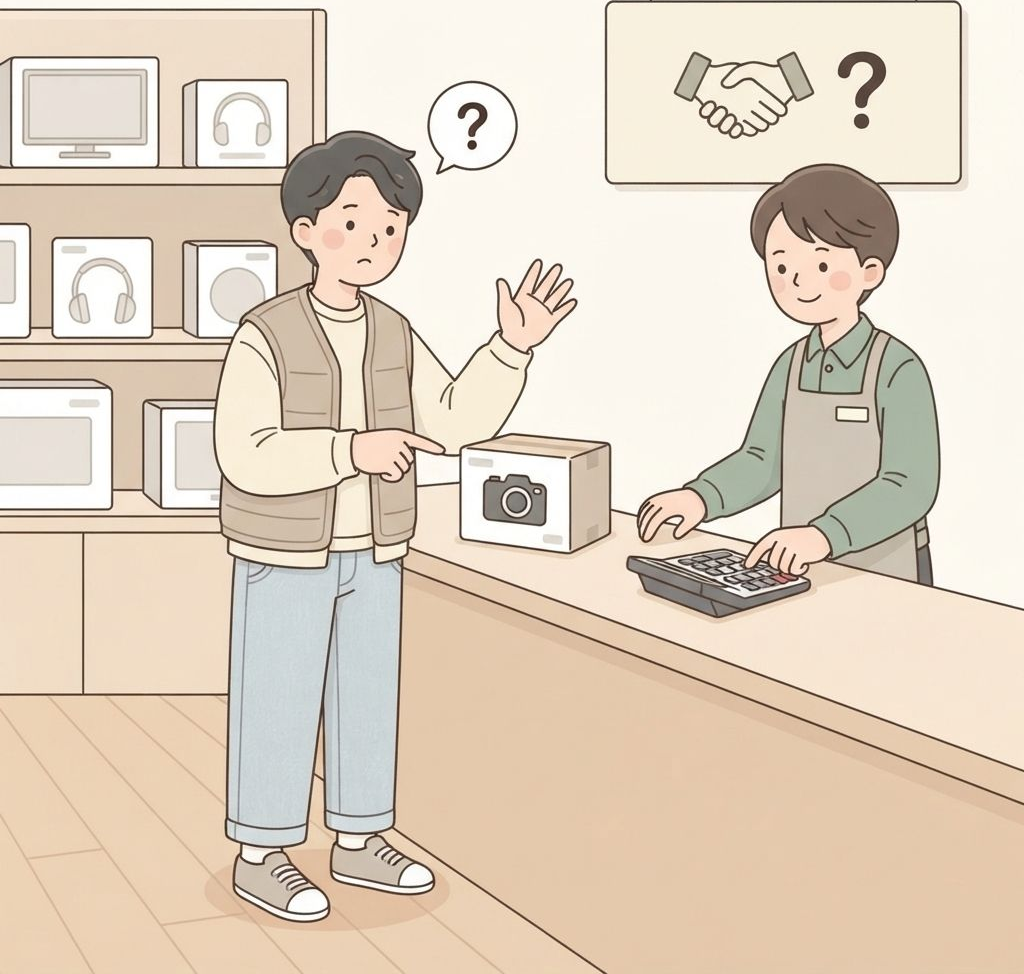 นักท่องเที่ยวที่แคชเชียร์ร้านเครื่องใช้ไฟฟ้าชี้ไปที่กล้องในกล่องและยกมือถามพนักงาน ซึ่งพยักหน้าและเอื้อมหยิบเครื่องคิดเลข