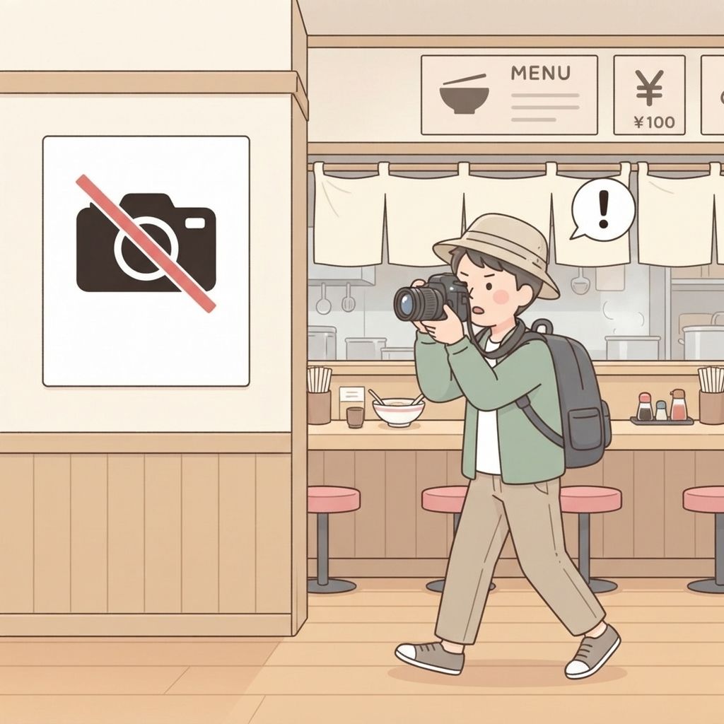 นักท่องเที่ยวในร้านยกกล้องแนบตาและเดินผ่านป้ายติดผนังที่มีรูปกล้องขีดฆ่าด้วยเส้นสีแดงไปเฉยๆ