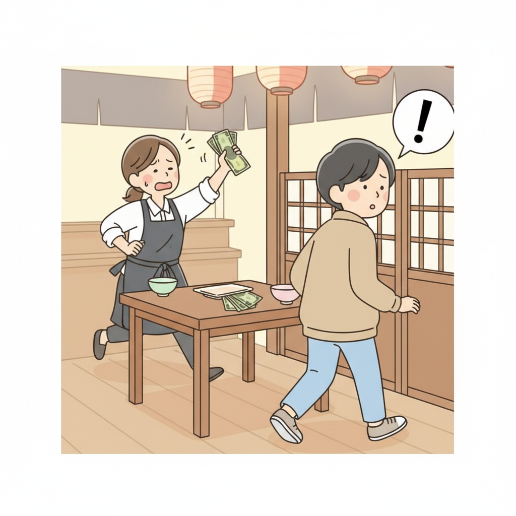 レストランのスタッフが、テーブルに置かれた紙幣を持って出ていく客を追いかけている