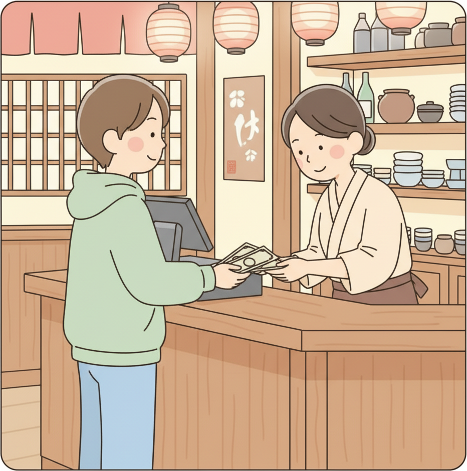 日本のレストランのカウンターで、お客さんがキャッシャーにお札を渡し、キャッシャーがお辞儀で受け取っている