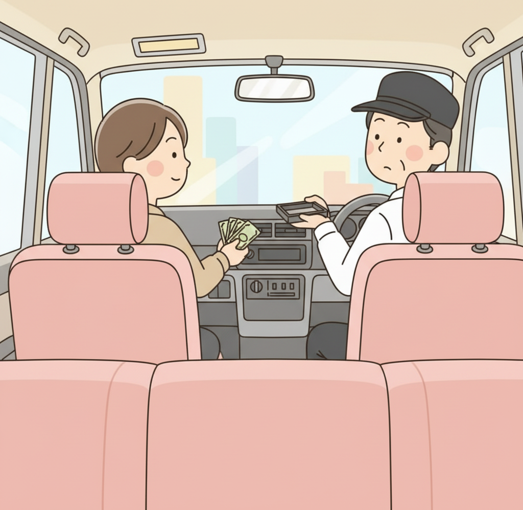 タクシーの後部座席の乗客が、困惑した前の席のドライバーに余分なお札を差し出している