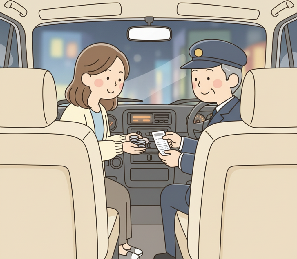 タクシーの乗客がドライバーにぴったりの金額を渡し、印刷された領収書を受け取っている