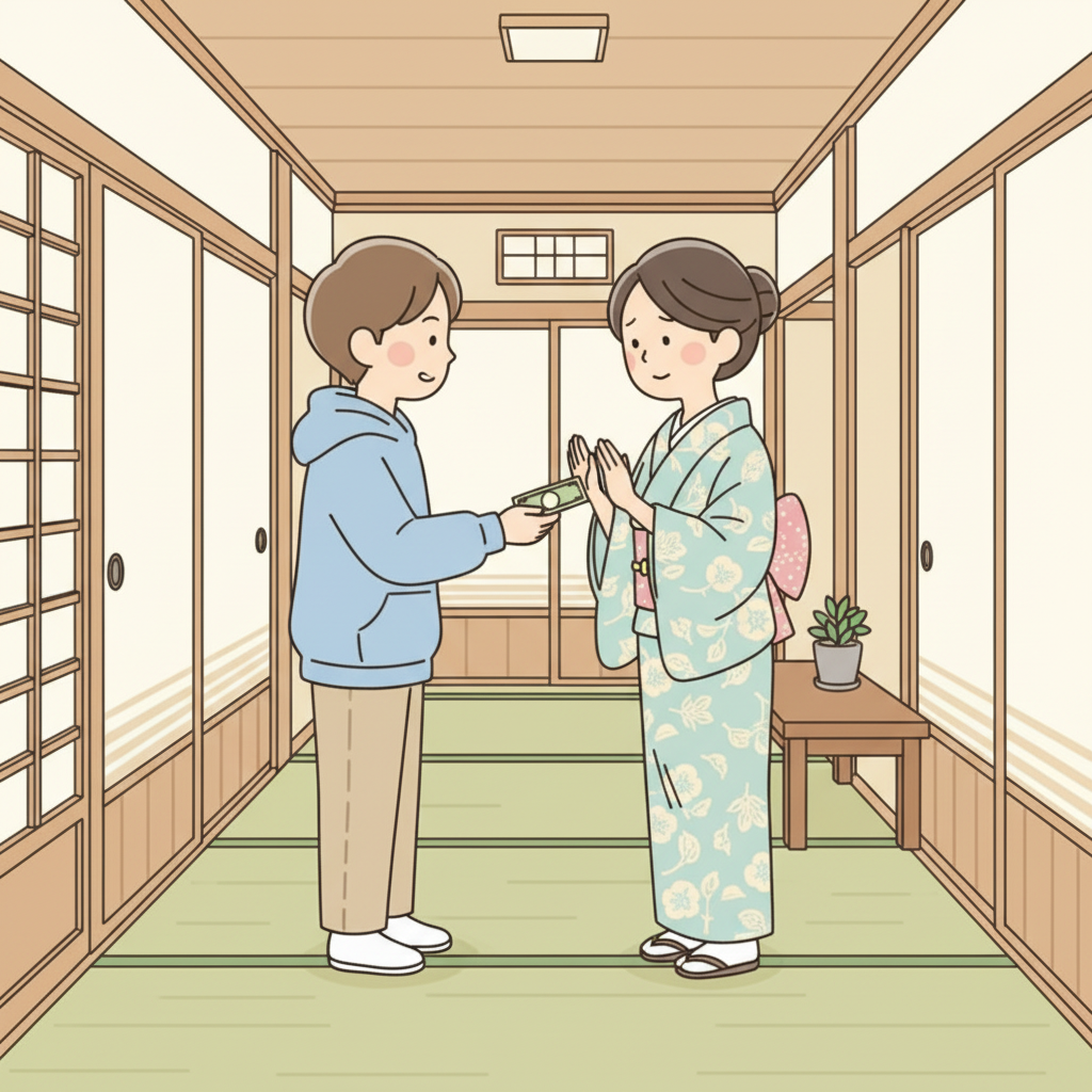 旅館の廊下で、客が着物姿の仲居さんにお札を渡そうとし、仲居さんが両手を上げて丁寧に断っている