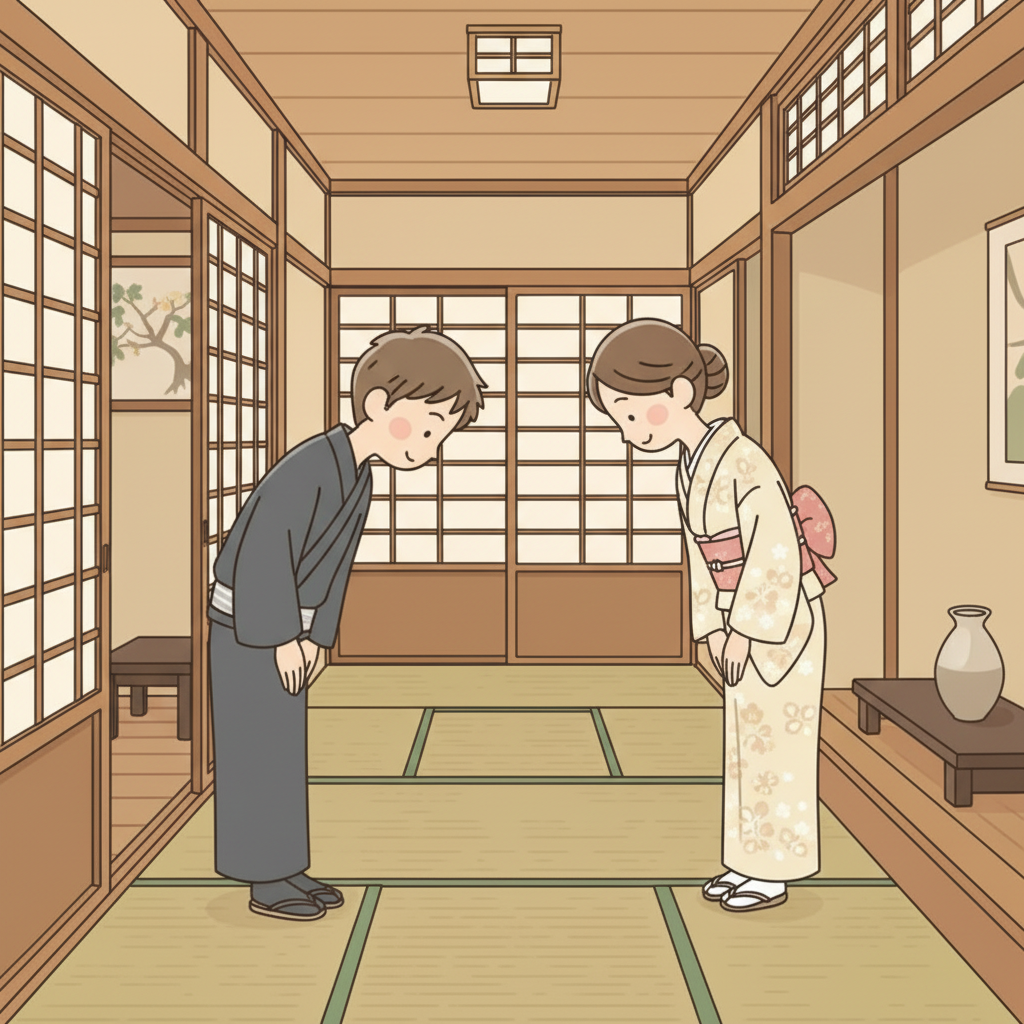 旅館の廊下で、客と着物姿の仲居さんが深々とお辞儀をし合っており、お金のやりとりはない