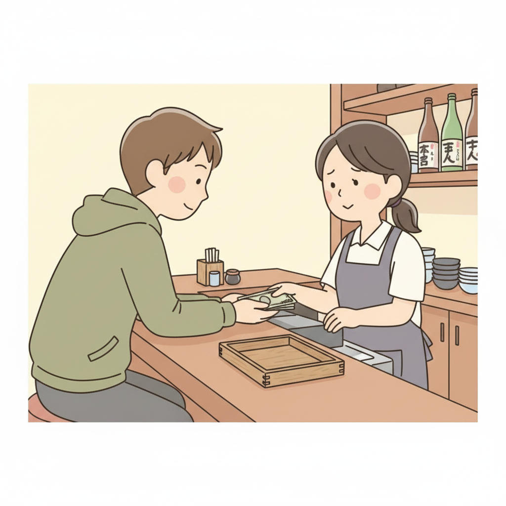 お客さんがレストランのカウンターでキャッシャーの手に直接お札を渡しており、使われていない小さなお盆が見える