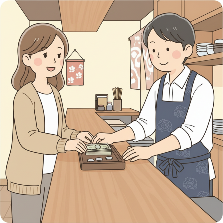 お客さんがレストランカウンターの小さなトレーにきれいにお金を置いている