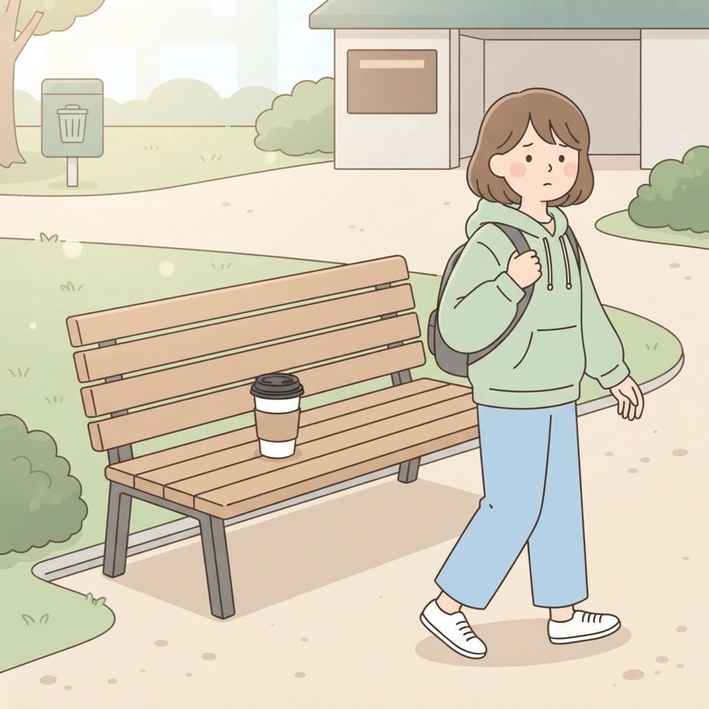 นักท่องเที่ยววางแก้วกาแฟเปล่าไว้บนม้านั่งในสวนอย่างเรียบร้อยแล้วเดินจากไป