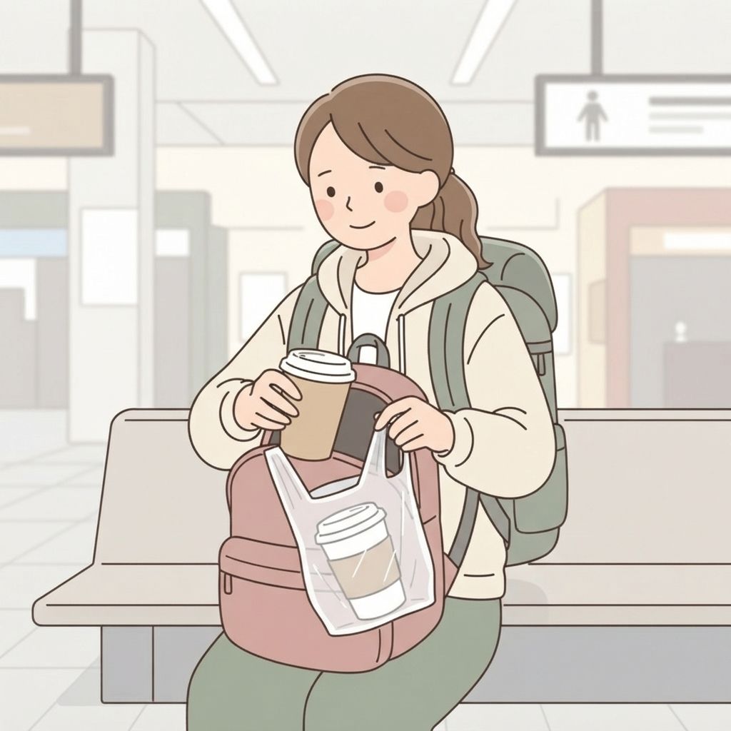 นักท่องเที่ยวใส่แก้วกาแฟเปล่าลงในถุงพลาสติกใบเล็กแล้วเก็บลงกระเป๋าเป้