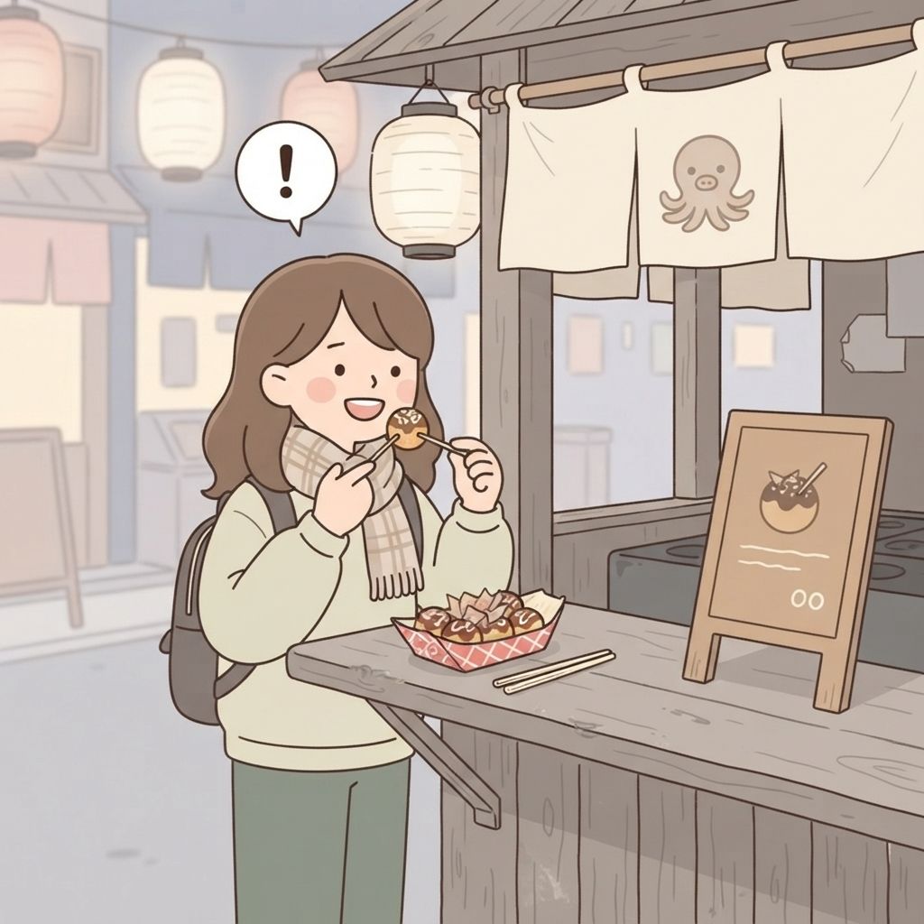 นักท่องเที่ยวยืนที่เคาน์เตอร์แคบข้างร้านทาโกยากิ กินจากถาดที่วางบนชั้นตรงหน้า