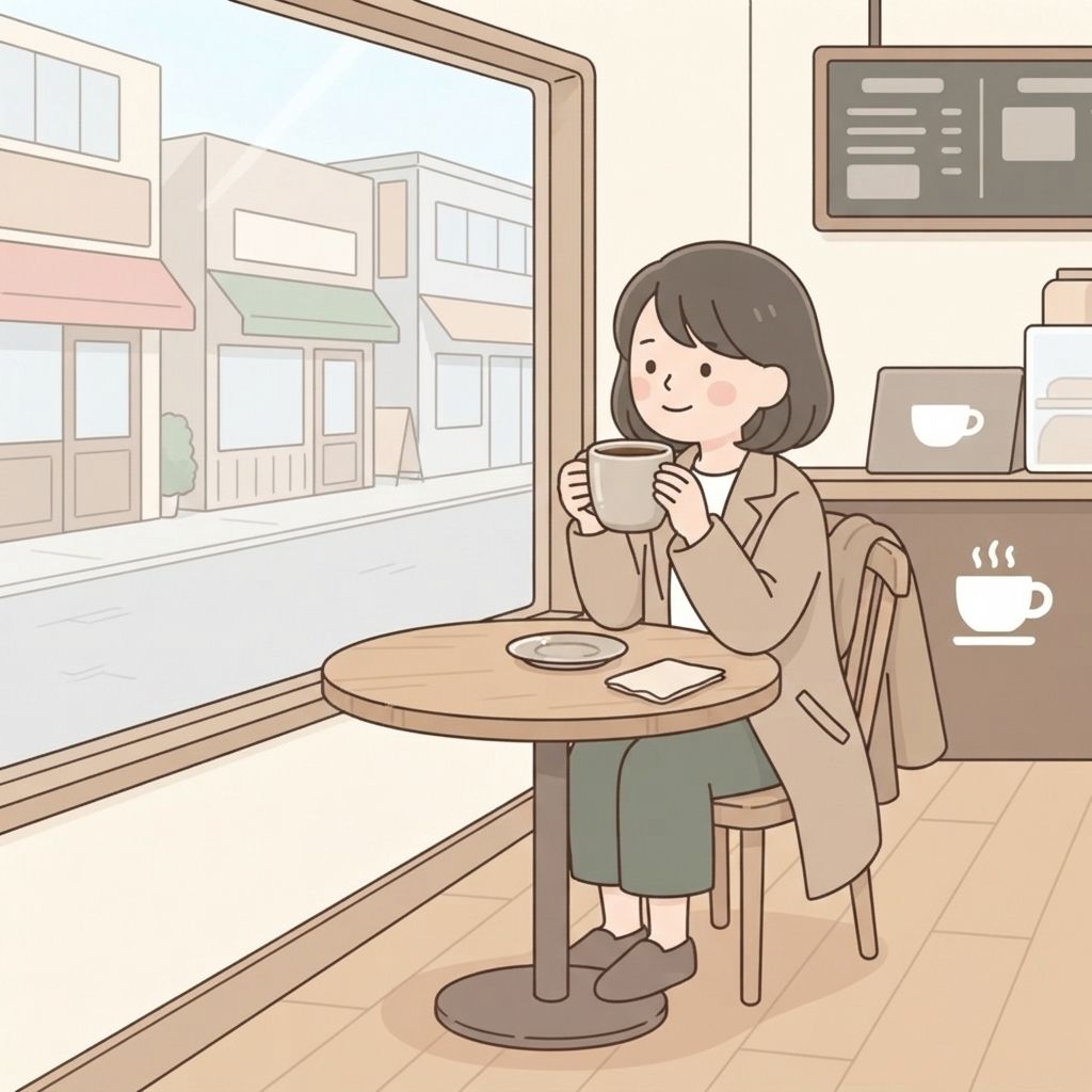 นักท่องเที่ยวนั่งที่โต๊ะเล็กในคาเฟ่ มีถ้วยกาแฟวางตรงหน้า เสื้อโค้ตพาดพนักเก้าอี้ และมองถนนผ่านหน้าต่าง