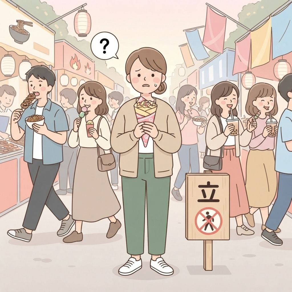 นักท่องเที่ยวยืนนิ่งอยู่ริมถนนงานเทศกาลที่คึกคัก ถือเครปที่ยังไม่ได้กิน ลังเลขณะที่คนรอบข้างเดินกินกันไป