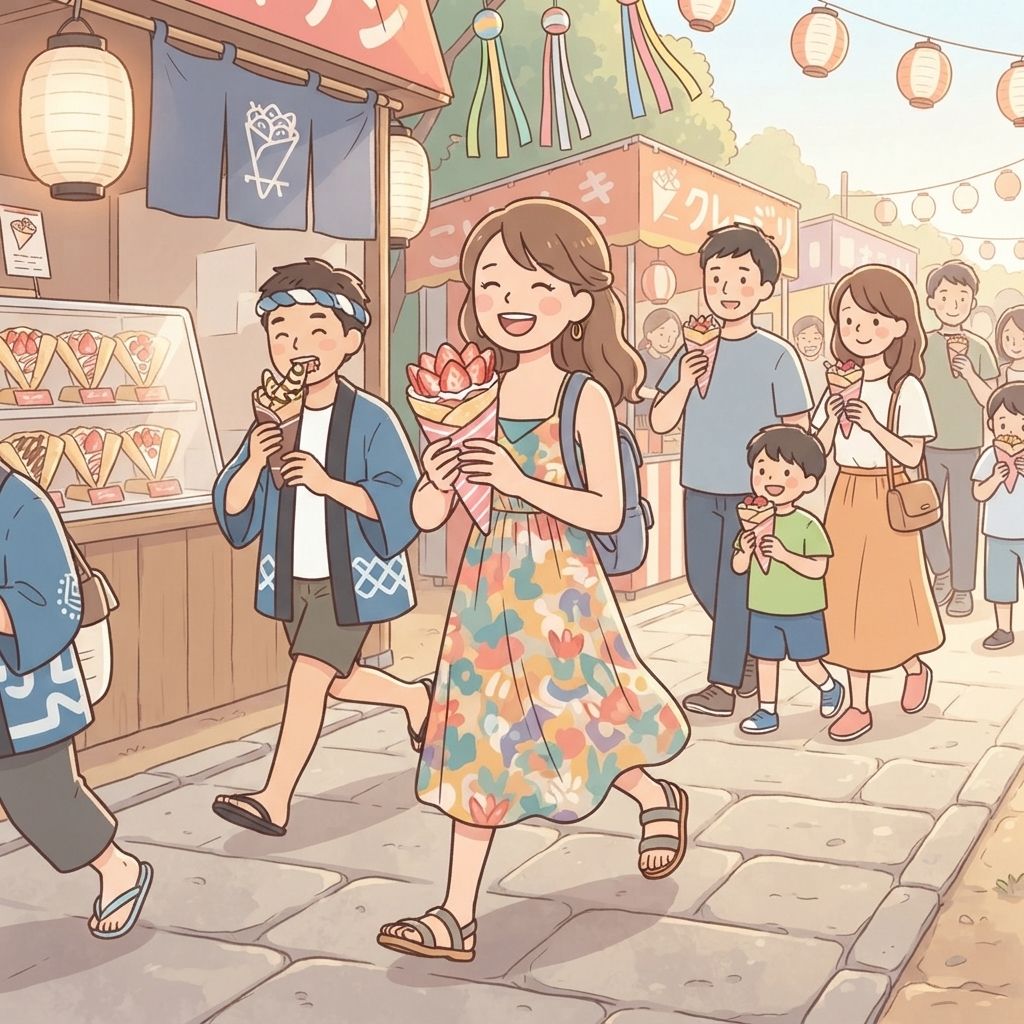 นักท่องเที่ยวเดินอย่างมีความสุขบนถนนงานเทศกาลพร้อมกินเครป โดยผู้ร่วมงานคนอื่นรอบตัวก็ทำเช่นเดียวกัน