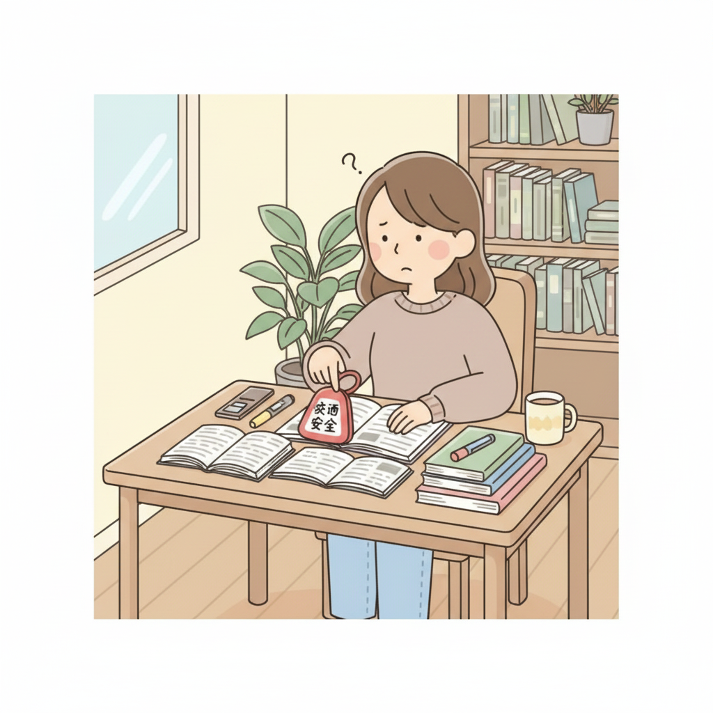 นักท่องเที่ยวที่โต๊ะอ่านหนังสือมีตำราเปิดอยู่และโอมาโมริความปลอดภัยบนท้องถนน (交通安全) วางอยู่บนตำรา มองเครื่องรางอย่างสับสน