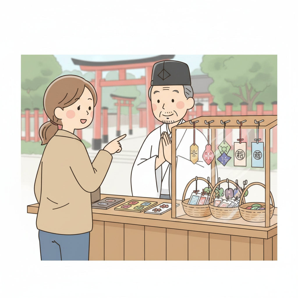 นักท่องเที่ยวที่เคาน์เตอร์โอมาโมริของศาลเจ้ากำลังชี้อย่างสุภาพไปที่เครื่องรางอันหนึ่งที่มีป้ายภาษาญี่ปุ่นชัดเจน ขณะที่เจ้าหน้าที่ศาลเจ้าผู้ใจดีพยักหน้า แสงกลางวันนุ่มนวล