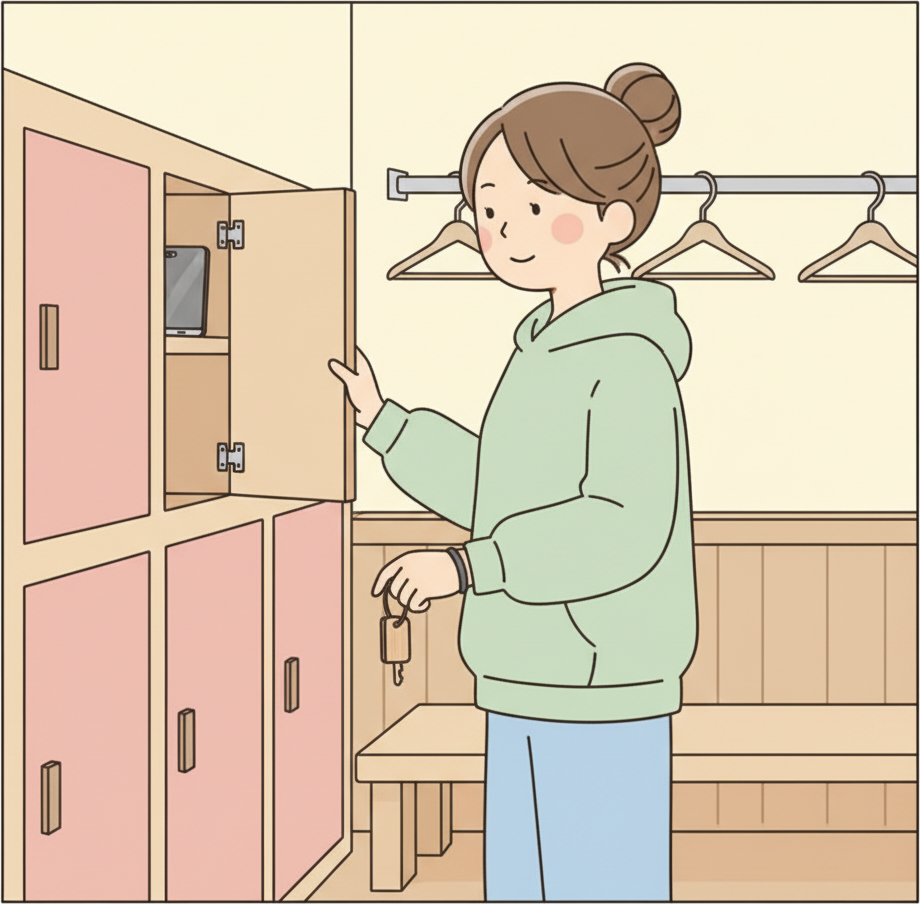 안에 스마트폰이 잘 보이게 놓인 작은 나무 온천 사물함을 닫고 있는 여행자, 손에 열쇠를 들고 차분하고 집중된 표정