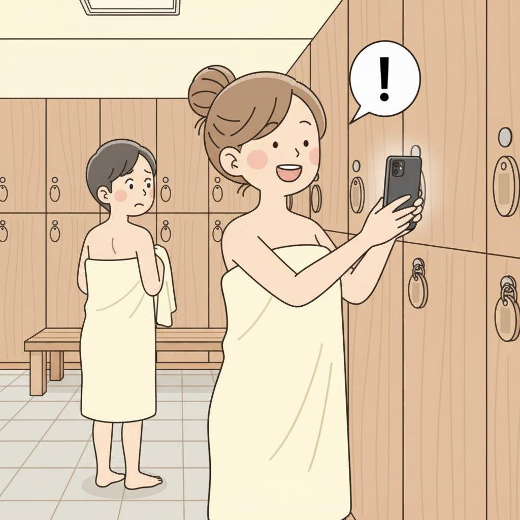 온천 탈의실에서 자신의 사물함 표시를 폰으로 찍는 여행자, 근처에 옷을 일부만 걸친 다른 입욕자의 뒷모습이 불편한 표정으로 보임
