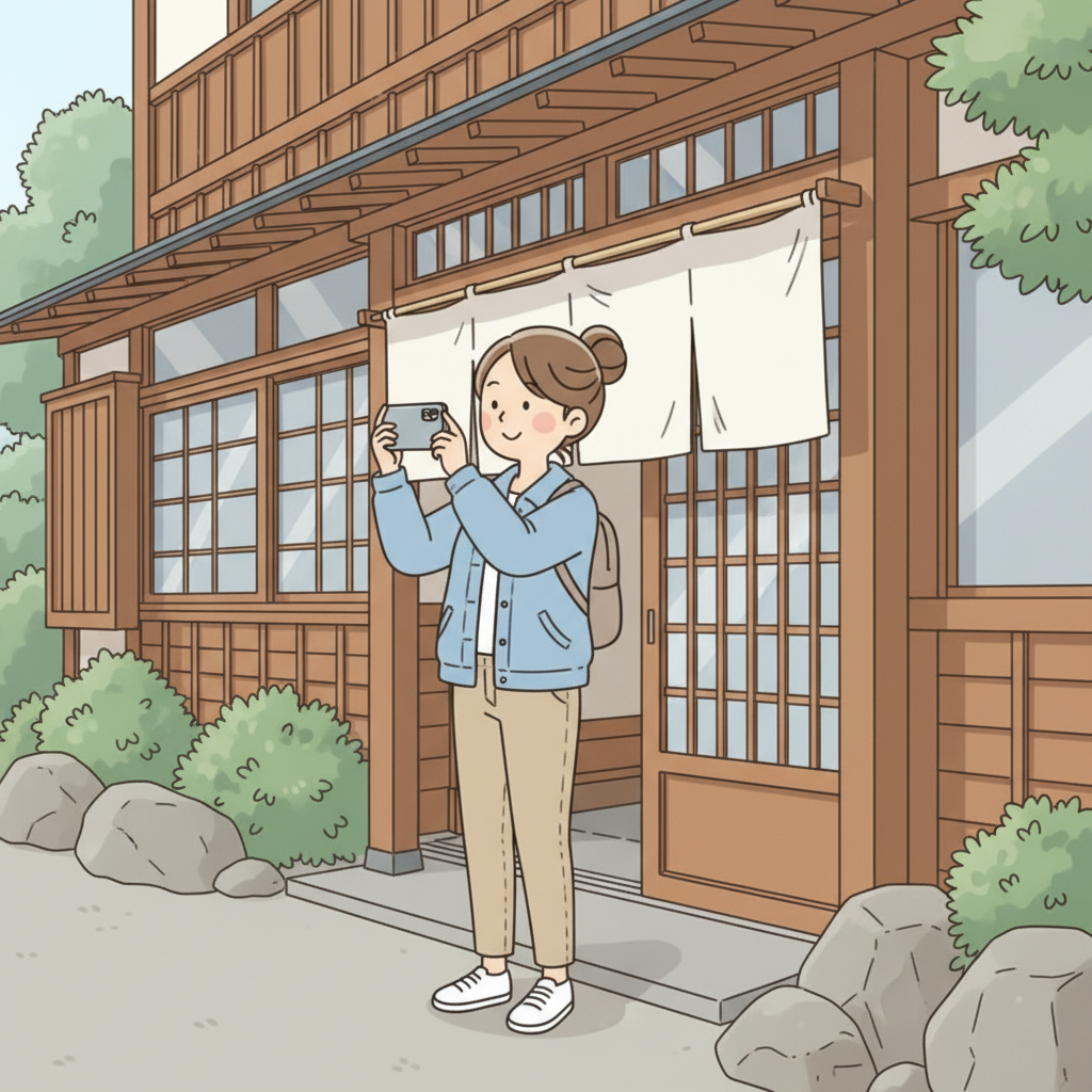 전통적인 일본 온천 료칸 건물 입구 밖에 서서 햇빛 아래 나무 외관을 찍는 여행자, 손에 폰을 들고 있고 안에 사람은 보이지 않음