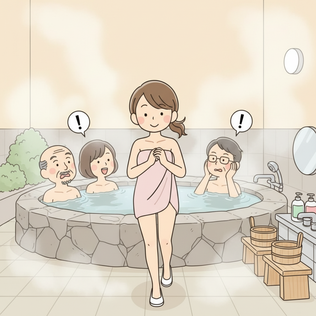 A person walking directly toward the communal onsen bath without washing, while other bathers look on in shock