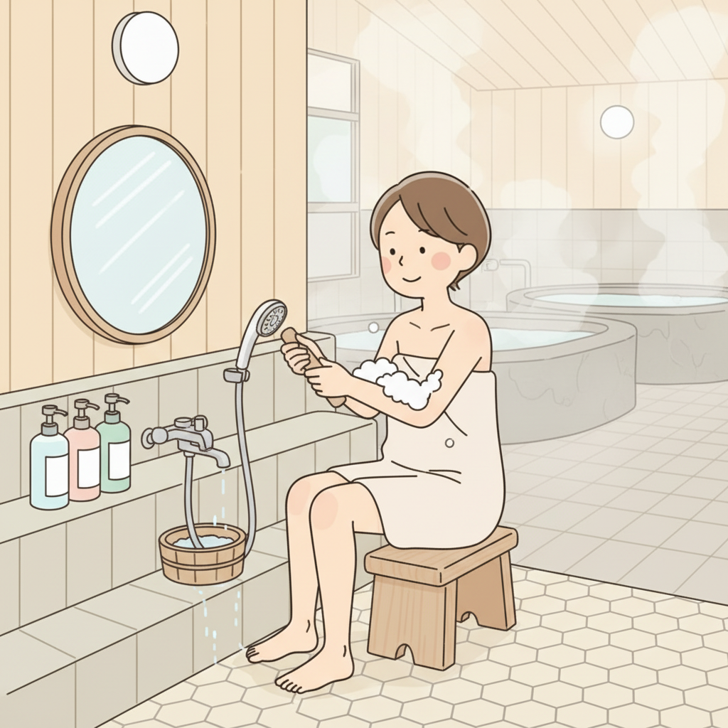 A person sitting on a low wooden stool at an onsen washing station, soaping up with a handheld shower