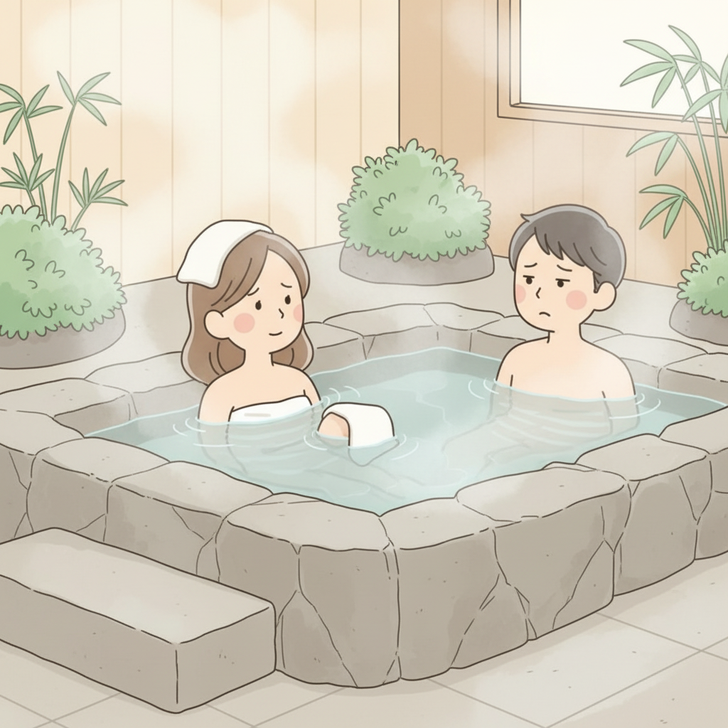 A person in an onsen with their small white towel floating in the bath water, while another bather looks on disapprovingly