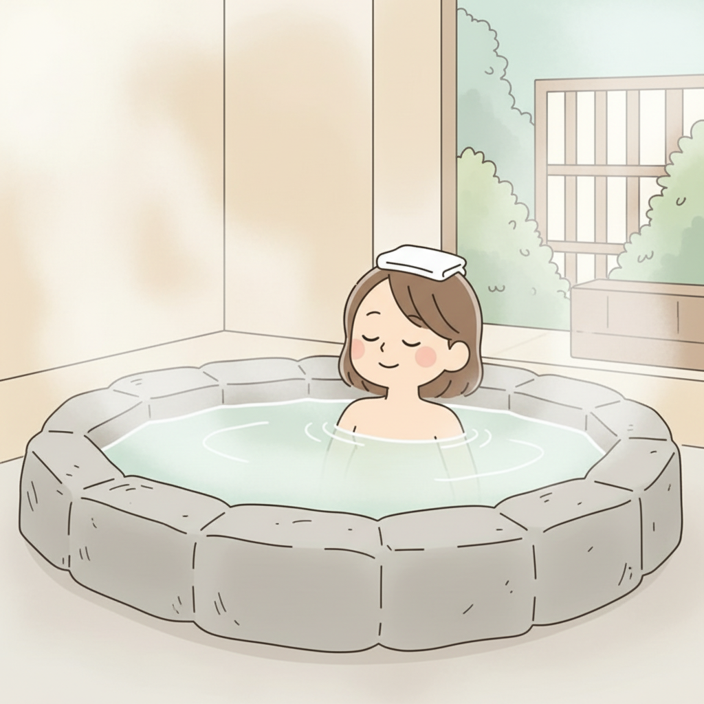 A person soaking peacefully in an onsen with a small white towel folded neatly on top of their head
