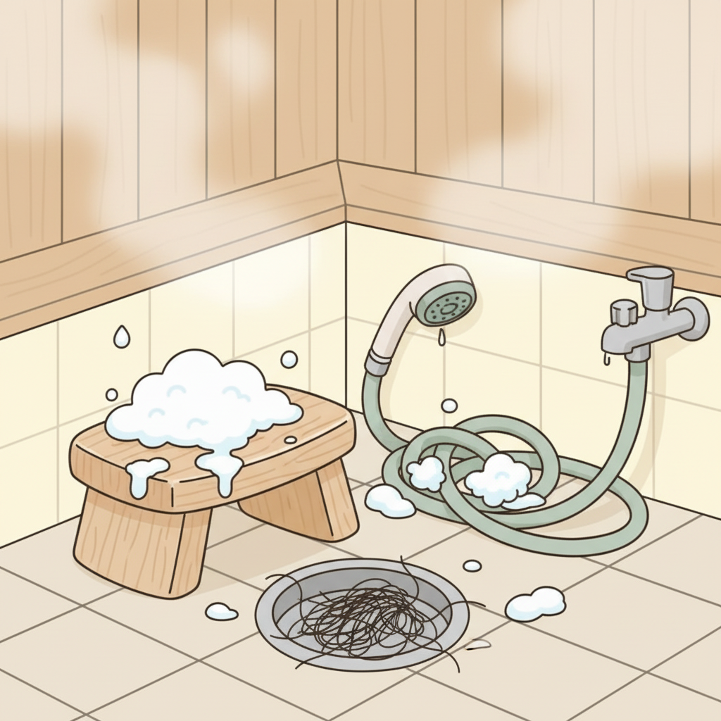 An onsen washing station left in a mess — soap suds on the stool, tangled hose, and hair clogging the drain