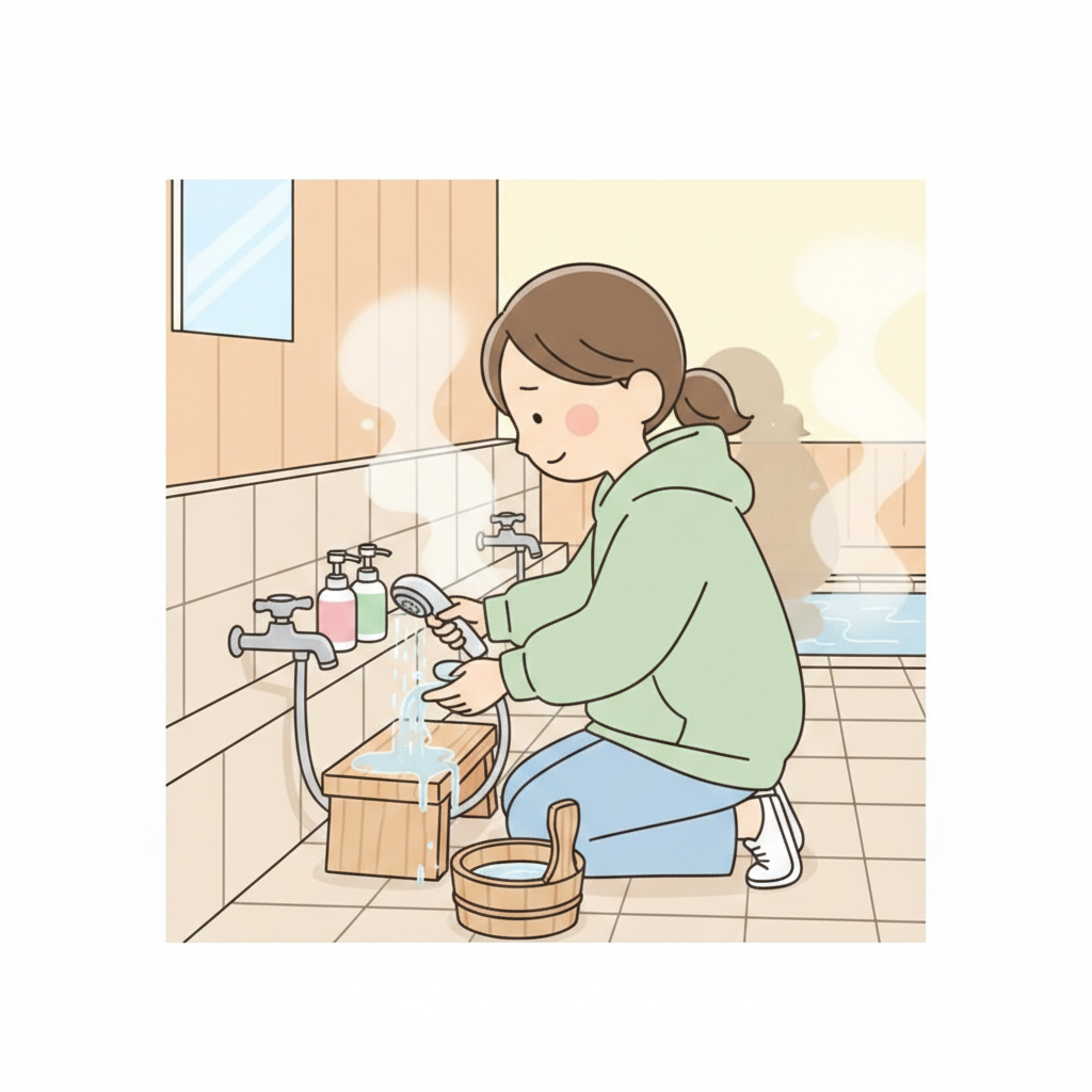 A person rinsing the wooden washing stool clean with a handheld shower before leaving the station