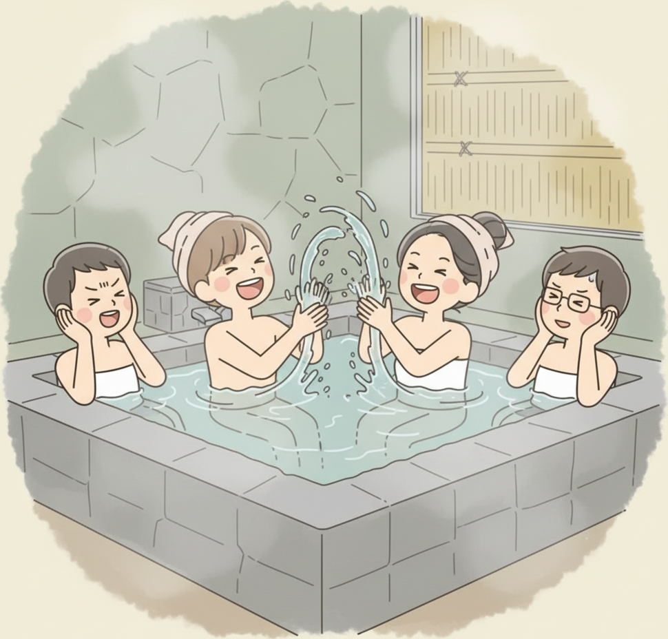 Two people laughing and splashing water at each other in an onsen, while others cover their faces in dismay