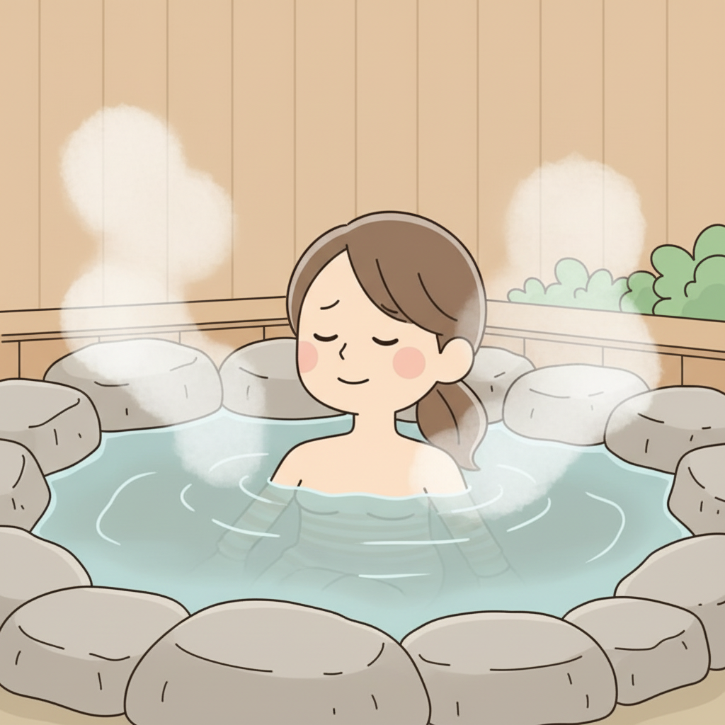 A person soaking alone and quietly in a natural stone onsen, eyes closed, with steam rising around them