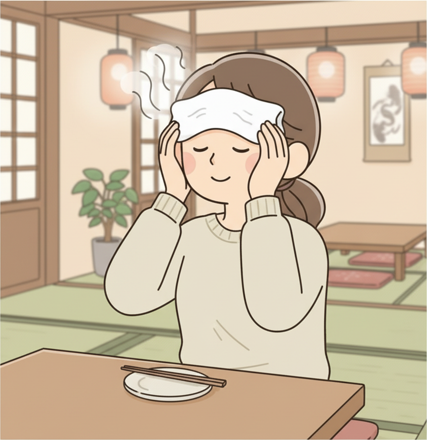 A person at a Japanese restaurant table pressing a hot steaming white oshibori towel against their face and forehead with both hands