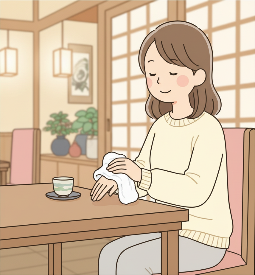 A person at a Japanese restaurant table calmly wiping their hands with an unfolded white oshibori towel