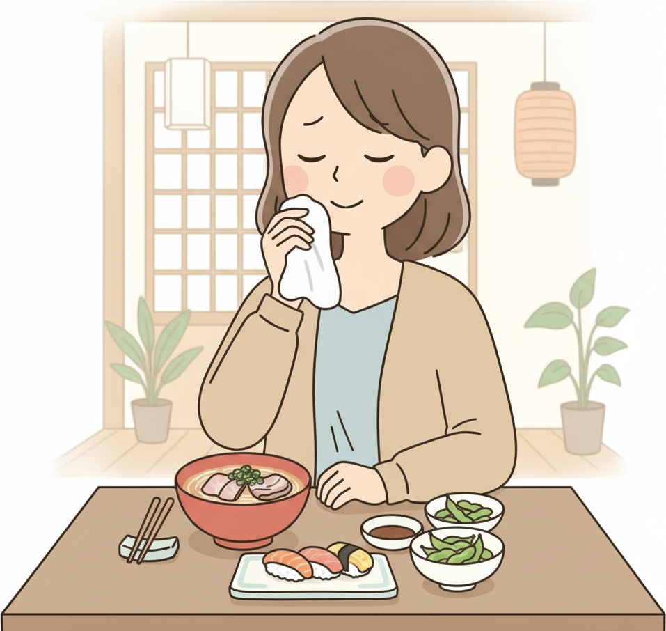 A person mid-meal at a Japanese restaurant dabbing their mouth with an oshibori towel, dishes of food on the table