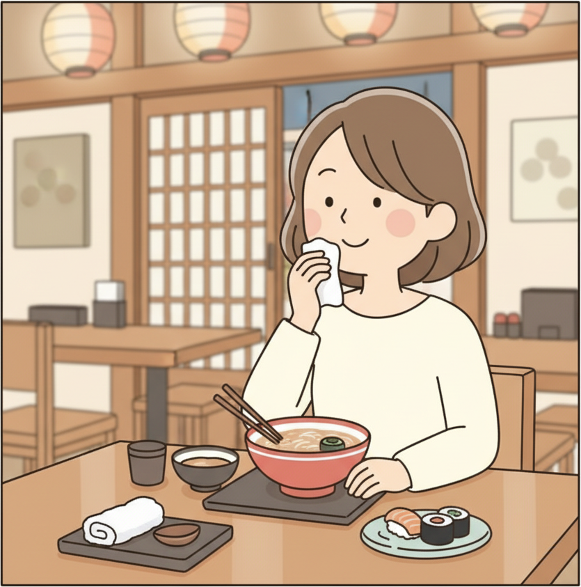 A person at a Japanese restaurant table dabbing their mouth with a small paper napkin, with a neatly folded oshibori set aside on its tray