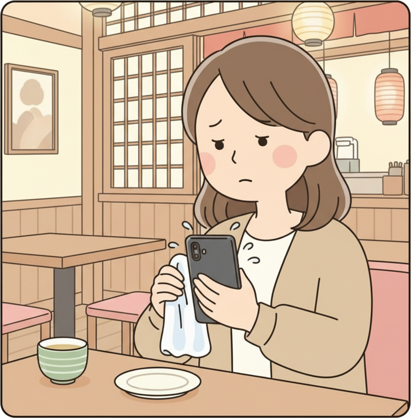 A person at a restaurant table using a damp oshibori towel to wipe their smartphone screen
