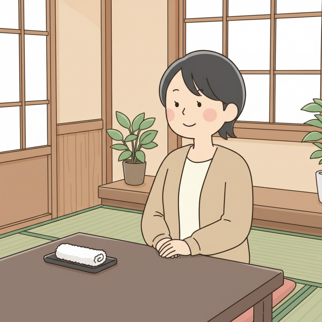 A person seated politely at a Japanese restaurant table with a neatly folded oshibori on its tray beside them, hands folded in lap