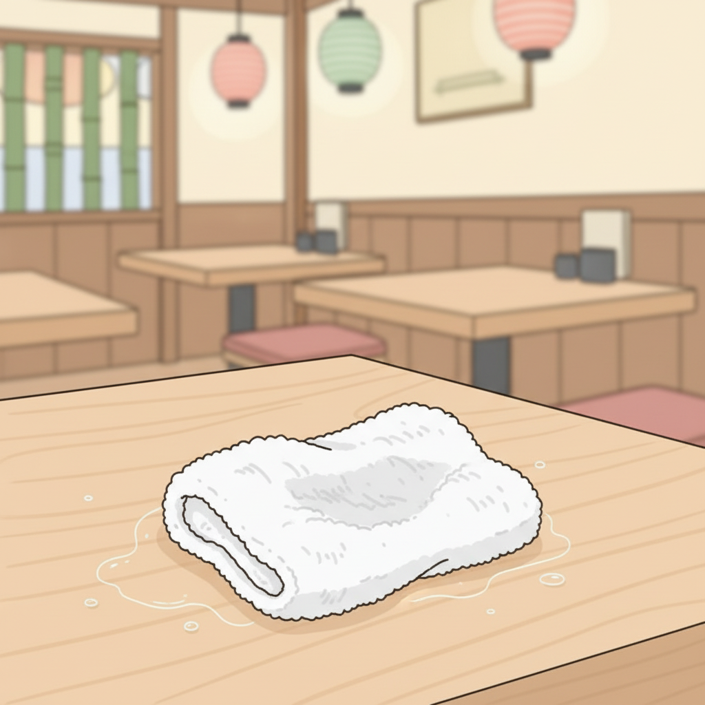 A crumpled wet oshibori towel sitting directly on a restaurant table surface with water droplets around it